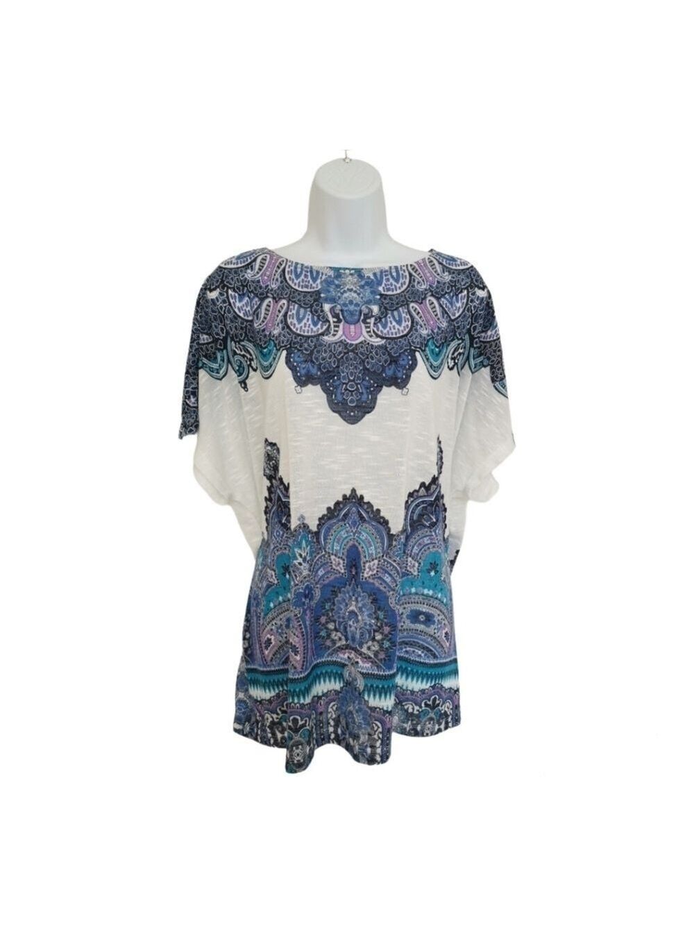 CACHE kimono top dolman sleeves blue Paisley on white size 2X